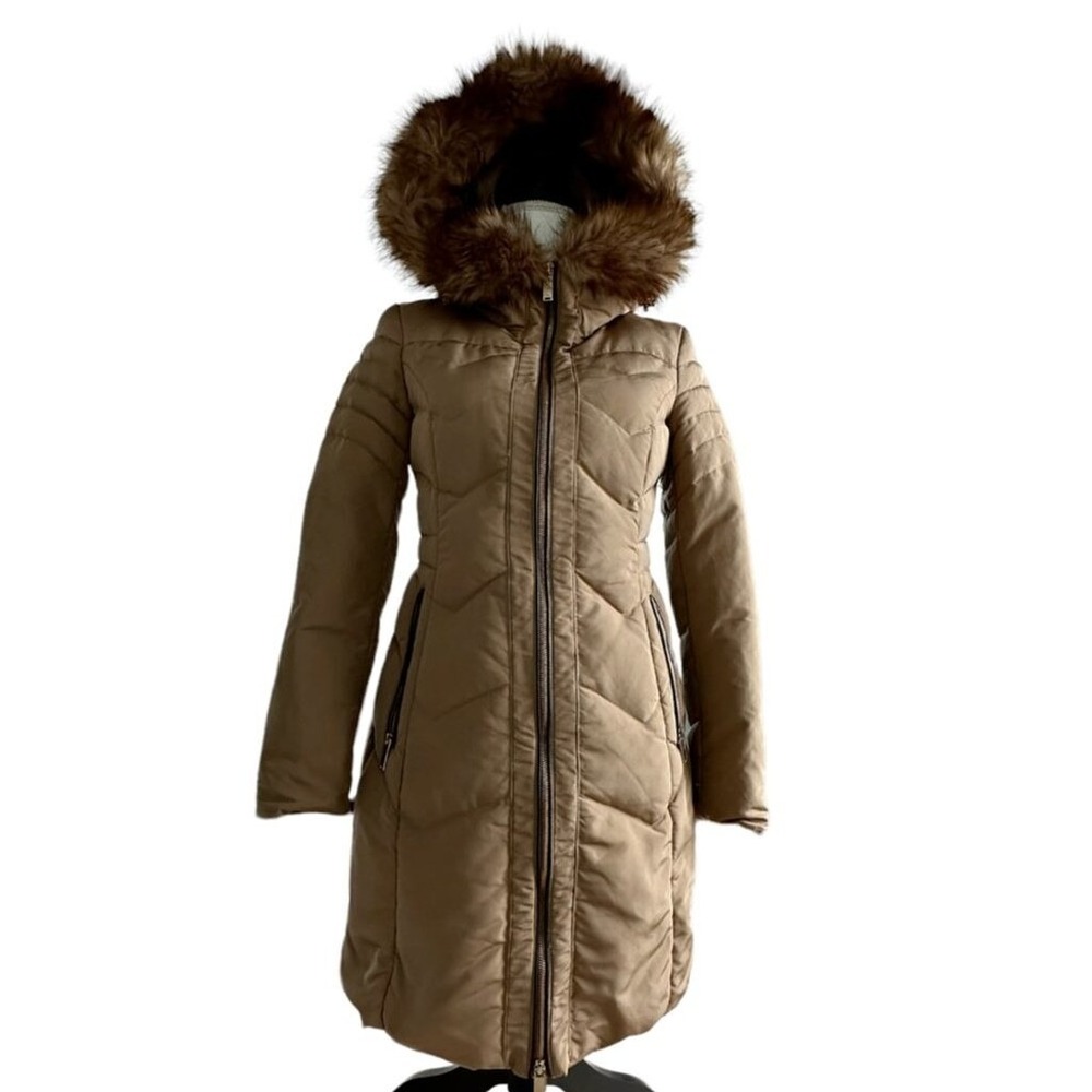Zara Basic Worn once down feather blend fur hood trim coat‎ beige caramel size S